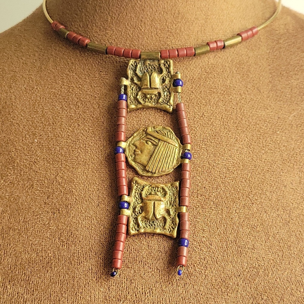 Kenneth Jay Lane‎ Egyptian Revival Scarab Pharaoh Torque Necklace 16"
